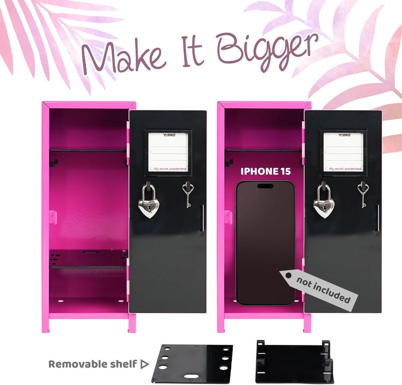 YOBRO Mini Locker with Lock and 2 Keys, 24PCS Magnetic Stickers, Miniature Storage Locker for Desk, Home, Bedroom, Office, Pink&Rose - Image 4